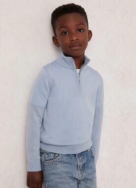 REISS Wool Half-Zip Funnel Neck Jumper in Soft Blue Melange Boys Size 8-9 years